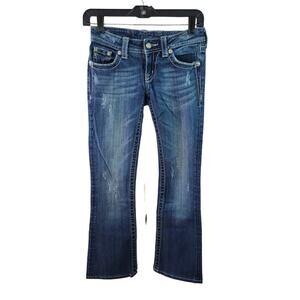 Miss Me Boot Cut Lightly Distressed Jeans Bling Fleur De Lis Pockets 25 x 27